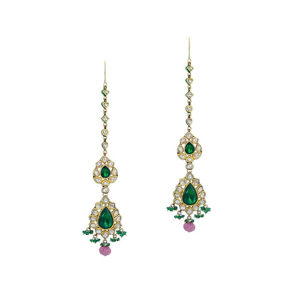Polki Diamond Necklace Set with Green Stone and Pink Beads